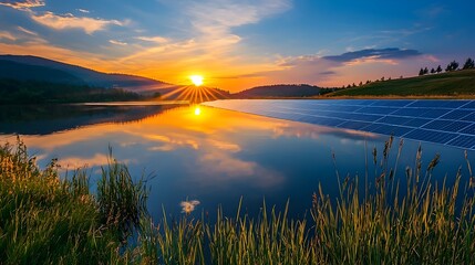 Beautiful Solar Farm Mirrored in Tranquil Lake at Sunrise Symbolizing Sustainable Energy in Harmony with Nature