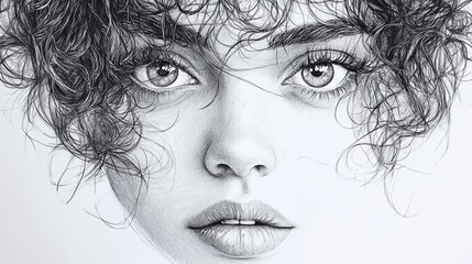 A detailed pencil drawing of a young woman with curly hair and expressive eyes