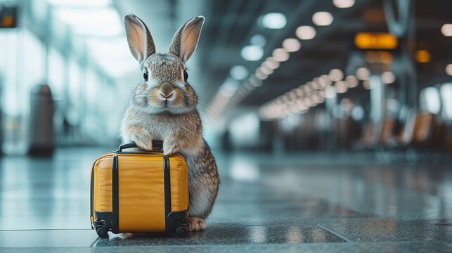 A rabbit stands beside a small yellow suitcase at an airport terminal during daytime