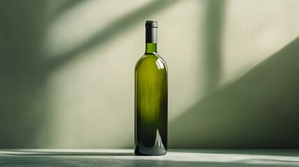 A green wine bottle standing elegantly on a table with soft light casting shadows in a cozy setting
