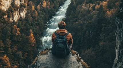 Obraz premium Adventure Seeker by the Riverbank in Autumn