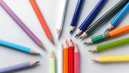 Fototapeta premium Vibrant Colored Pencils Arrangement on White Background - Creative Art Supplies Concept 