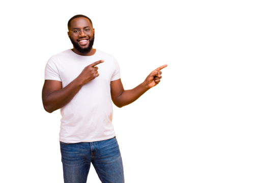 Photo of confident cheerful black person pointing at yellow background he has been isolated with - Powered by Adobe
