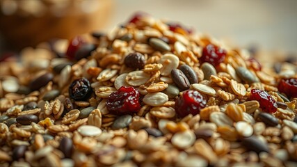 A close-up view of a mixture of oat flakes, seeds, and dried fruit, capturing the intricate details and textures of a healthy breakfast treat.