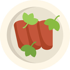 This vector illustration shows three sausages with basil on a plate seen from above