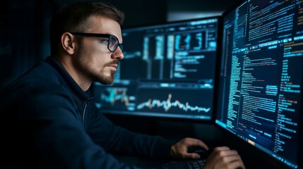 A male data analyst working intently at a futuristic workstation surrounded by multiple monitors in a darkened setting