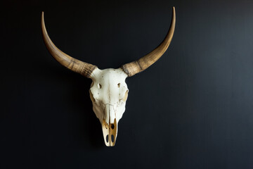 Bull skull with horns on black, copyspace