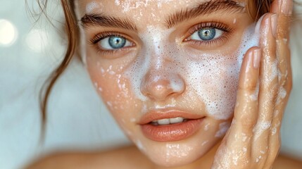 A young woman engages in a skincare routine with a cleansing exfoliating wash at home