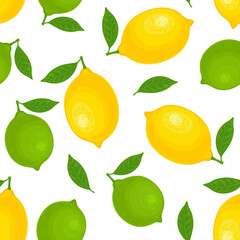 Background with yellow lemons and green limes. Whole citrus fruits with green leaf. Vector cartoon illustration. Seamless pattern.