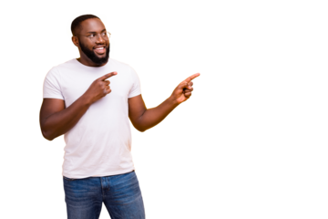 Photo of cheerful and enjoying black man pointing at nothing suspiciously staring there while isolated with vivid background