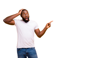 Photo of shocked man thinking about how to stop showing you your best decision about buying something while isolated with vivid background