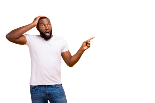 Photo of shocked man thinking about how to stop showing you your best decision about buying something while isolated with vivid background