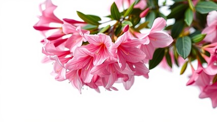 Fototapeta premium Delicate Pink Blossoms Adorned With Green Foliage Against a Pure White Background