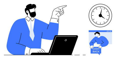Businessman working on laptop points at clock, indicating time management. Cashback advertisement visible. Ideal for business, time management, online shopping, digital marketing, remote work