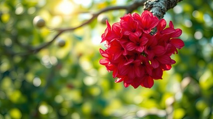 Fototapeta premium A vibrant cluster of crimson blossoms, delicate and graceful, hangs from a branch, bathed in soft, warm light, against a backdrop of vibrant green foliage.