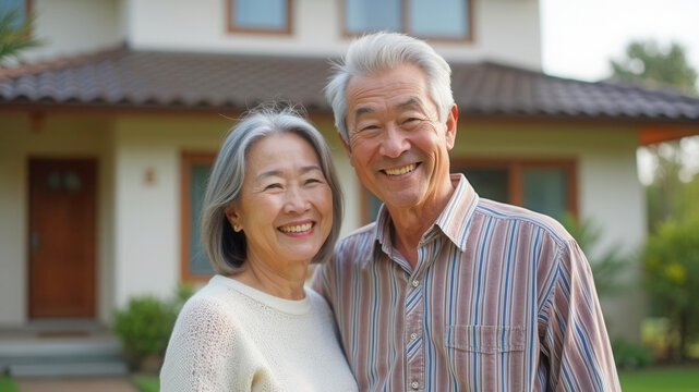 Happy elderly couple and their home