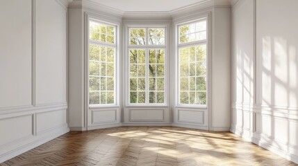 Fototapeta premium Bright Interior with Large Windows and Wooden Floor