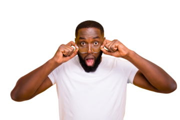 Photo of feared astonished black man seeing something breathtaking and terrific while isolated with vivid background