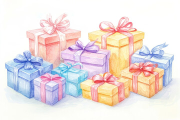 Fototapeta premium A colorful arrangement of gift boxes in various sizes and pastel colors, adorned with ribbons, suggesting celebration and joy.