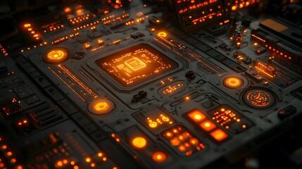 Fototapeta premium Intricate quantum computing circuits, vibrant data lights, futuristic particle motion, advanced tech visualization