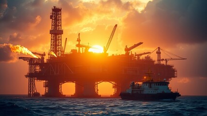 Fototapeta premium Silhouetted offshore platform with a support vessel at sunset, a dramatic scene of industry and the vastness of the ocean.