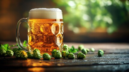 Refreshing Beer with Hops on Wooden Table