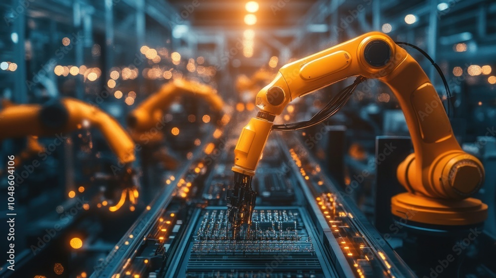 Aufkleber A Robotic Arm on an Assembly Line in a Factory Setting