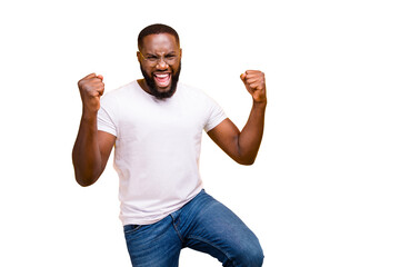 Photo of dark skin guy celebrating lottery winning wear casual outfit isolated yellow background