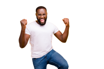 Photo of dark skin guy celebrating lottery winning wear casual outfit isolated yellow background