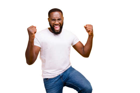 Photo of dark skin guy celebrating lottery winning wear casual outfit isolated yellow background - Powered by Adobe