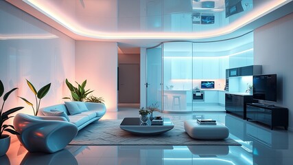 Futuristic living space with sleek furniture and modern lighting, featuring a curved ceiling and a glass-walled kitchen