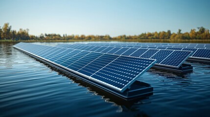 Solar Panels Reflecting on Calm Water Surface