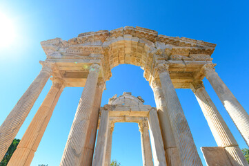 Fototapeta premium Aphrodisias Ancient city (Afrodisias) in Turkey. The ruins of The Tetrapylon, Monumental Gate. The city was named after Aphrodite, the Greek goddess of love
