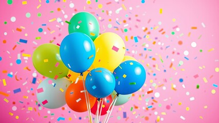 A cluster of vibrant balloons floats amidst a cascade of colorful confetti, creating a joyful and festive atmosphere.