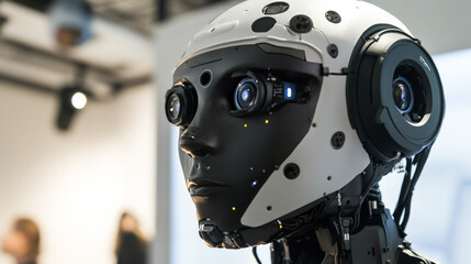 Fototapeta premium Futuristic humanoid robot with intricate design in a modern setting