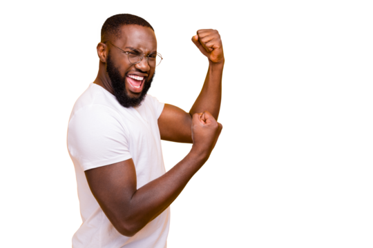 Dark skin guy celebrating lottery winning raising fist up wear casual outfit isolated yellow background