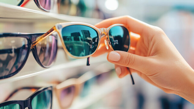 Hand selecting sunglasses from display rack in bright fashion accessories store