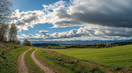 Obraz premium Serene rural landscape with winding dirt path under a cloudy sky in the countryside