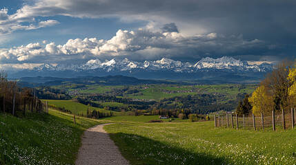 Obraz premium Stunning view of snow-capped mountains under dramatic clouds at sunset in a serene valley