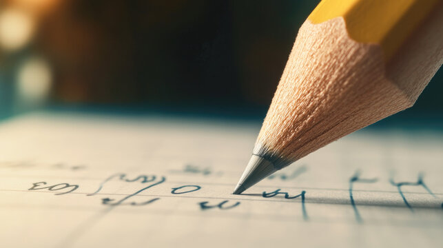Close-up of pencil writing mathematical equations on paper in warm light