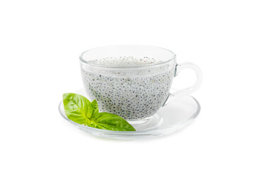 Basil seeds isolated on white background. Close-up. Superfood. Ocimum basilicum. Organic basil seeds.