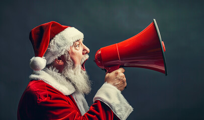 Santa Claus shouts into a megaphone