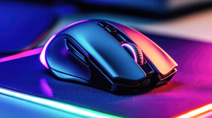 Colorful gaming mouse on rgb-lit mousepad in neon lighting