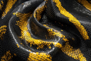 Fototapeta premium Detailed macro image of a snake’s black and yellow scales, highlighting the texture, intricate patterns, and natural sheen of the reptile..