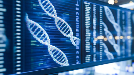 Dna sequences on digital screens in a modern biotechnology laboratory setting