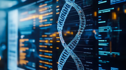 Digital dna helix with data interface on futuristic screen in biotechnology lab