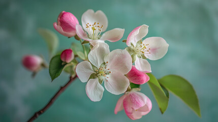 Obraz premium Delicate apple blossom branches in full bloom against a soft green background