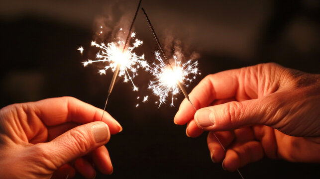 Sparkler celebration: hands holding bright sparklers at night for festive joyful moments