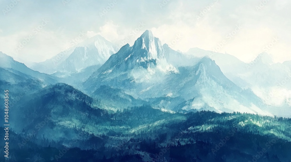 Poster a mountain range with a blue sky in the background