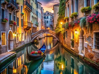 Enchanting Venice Canal at Dusk with Gondola, Old Bridge, and Flower-Adorned Houses